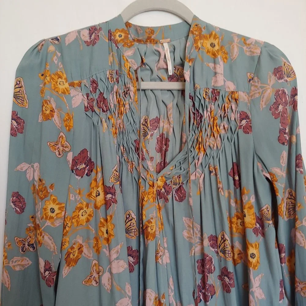 Free People oversized boho flowy top Size XS seafoam with pink & orange floral - Picture 3 of 14